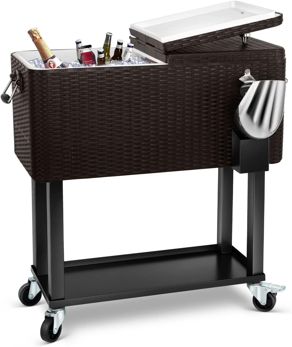 Bring Home Furniture Outdoor 80 Qt Rolling Cooler Cart, with Bottle Opener + Storage Shelf Camping Beverage Ice Chest