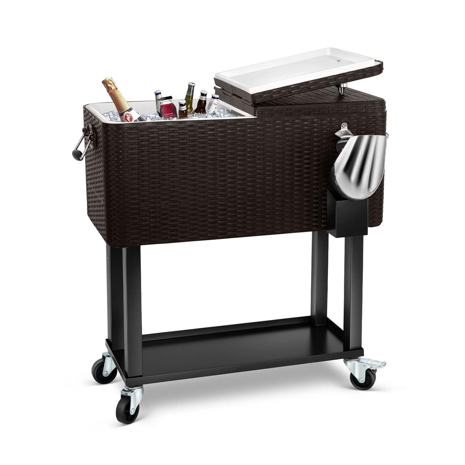 Bring Home Furniture Outdoor 80 Qt Rolling Cooler Cart, with Bottle Opener + Storage Shelf Camping Beverage Ice Chest