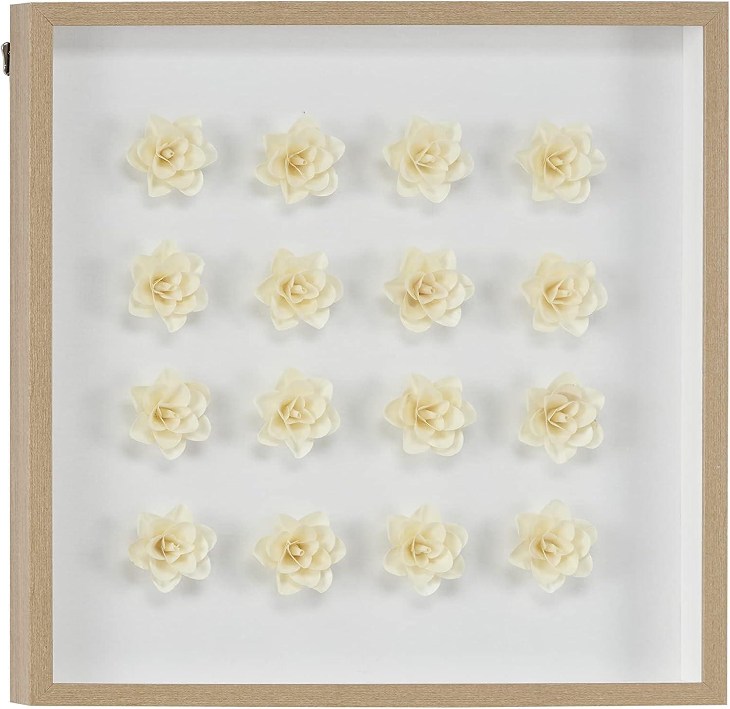 White Linen Floral Shadow Box Wall Art with Beige Frame