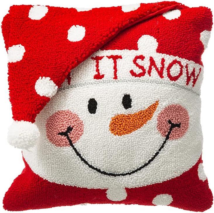 13.75" Red and White Unique Hooked 3D Snowman Pillow