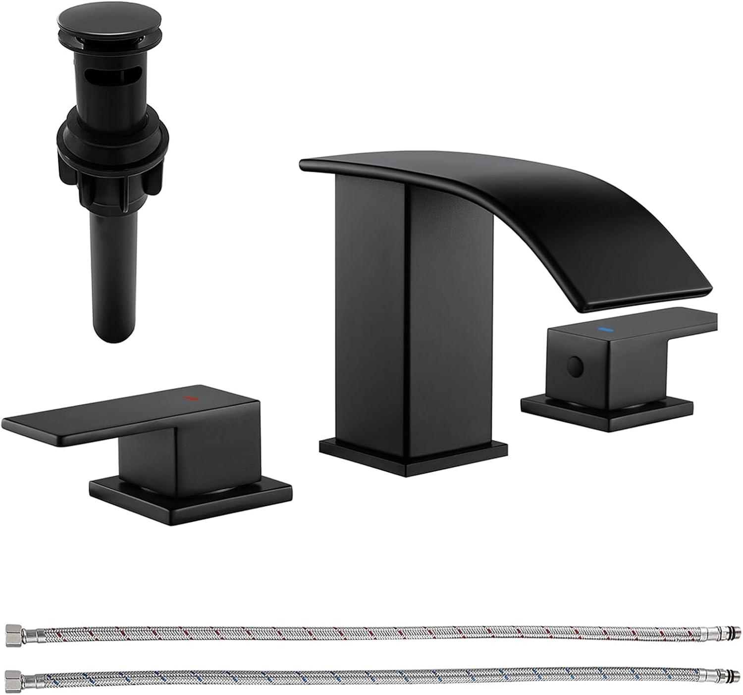 Matte Black Modern Waterfall 3-Piece Bathroom Faucet Set