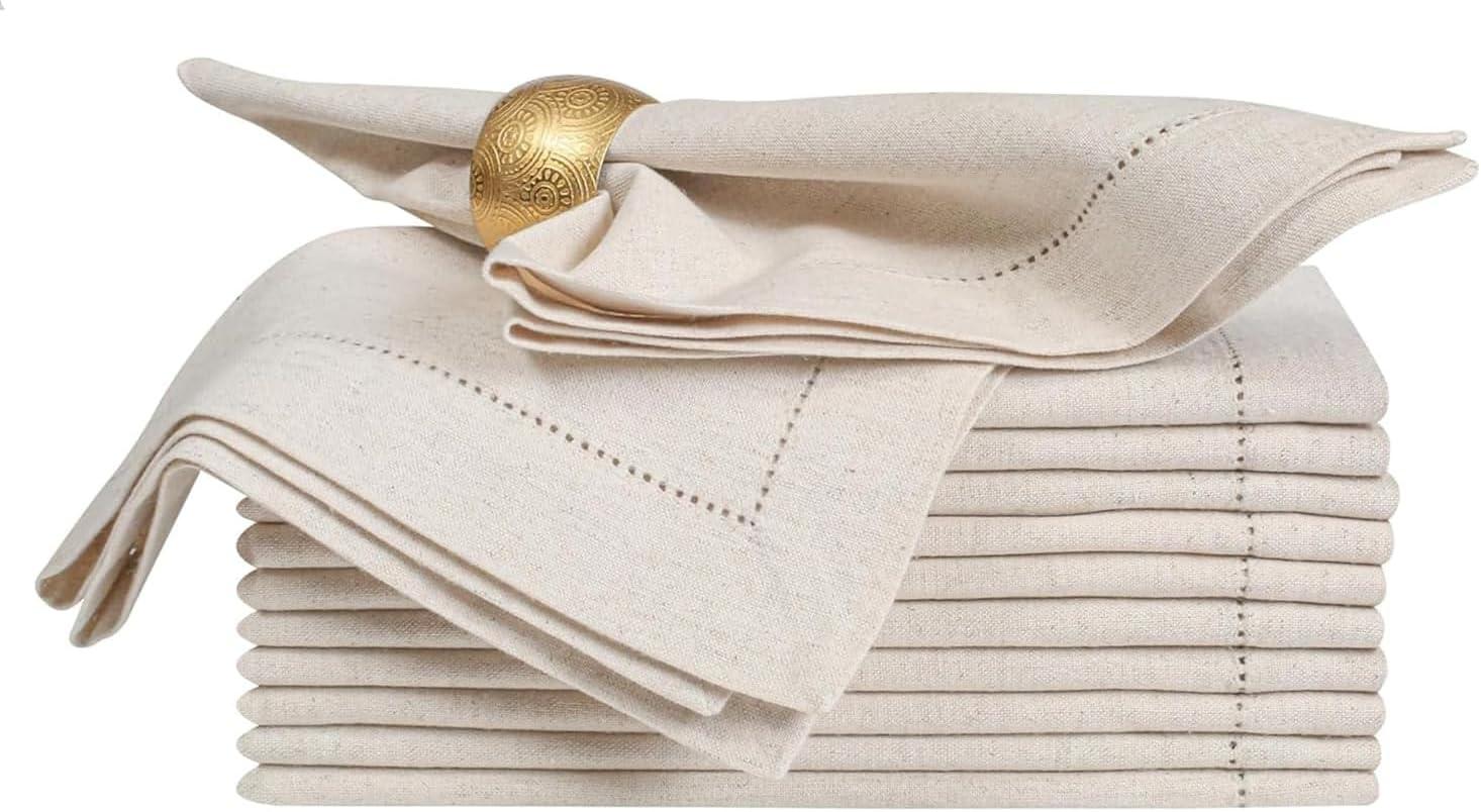 Bedding Craft Flax Linen Cotton Napkins, Dinner Napkins, Wedding Table Napkins, Hemstitched Linen Napkins, 20"x20" Natural - Set of 12