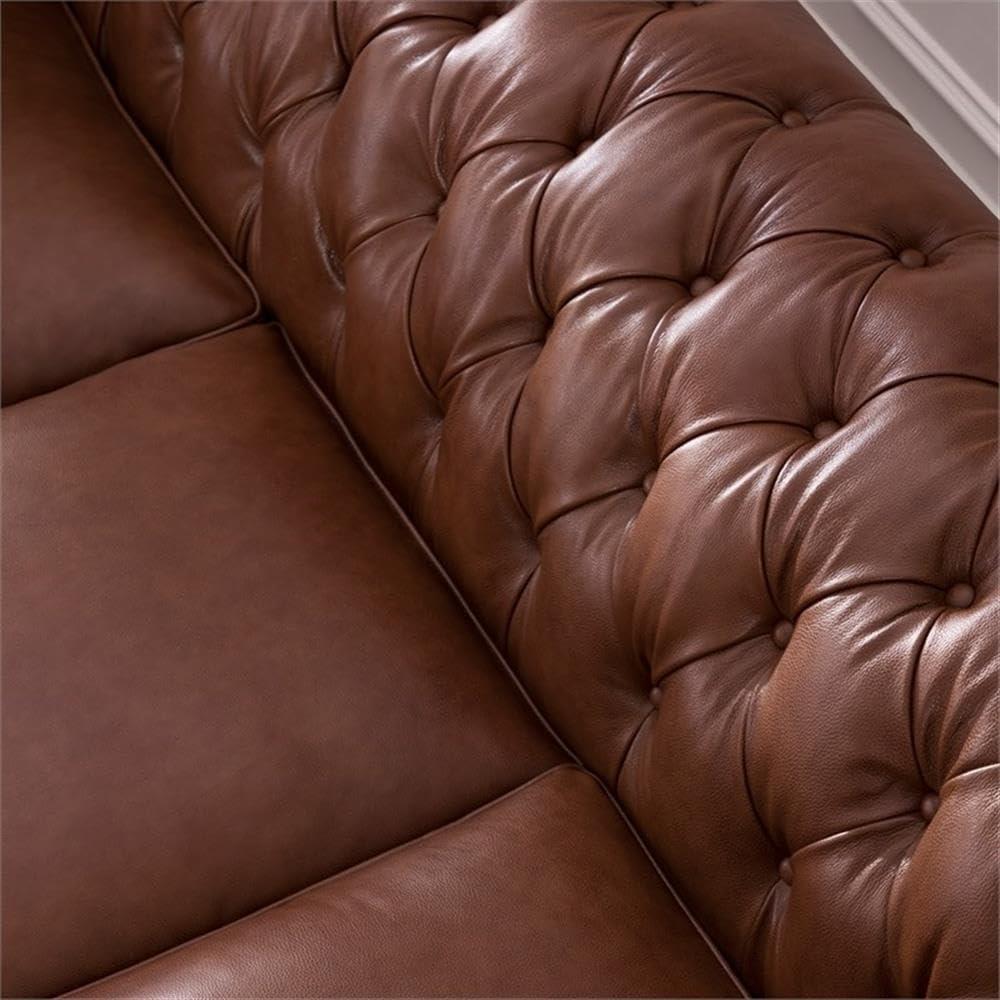 Bowery Hill 95"W Traditional Leather Tufted Back Chesterfield Sofa in Chestnut