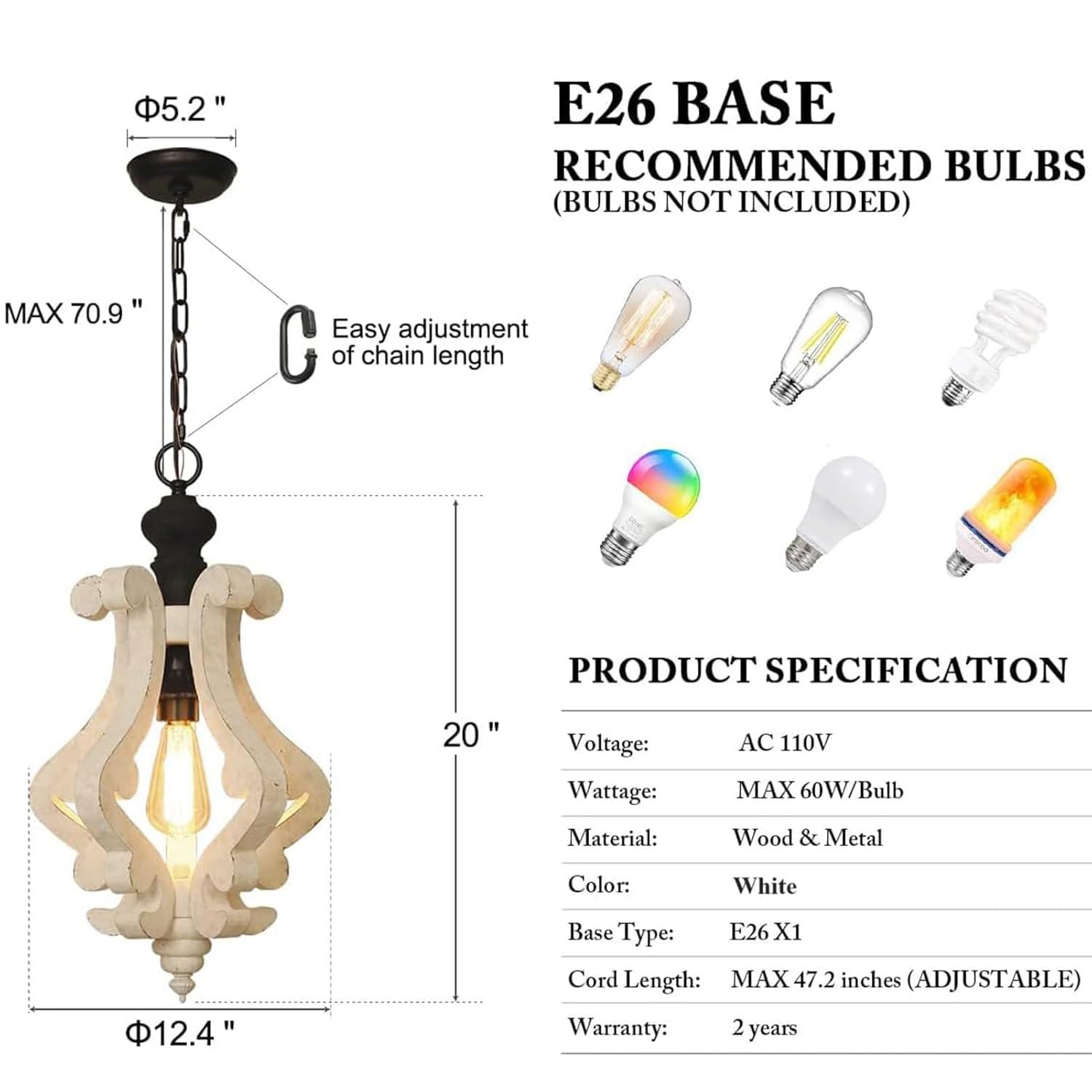 Wooden Chandelier Pendant Light with Adjustable Chain Lighting Fixture for Farmhouse Living Room