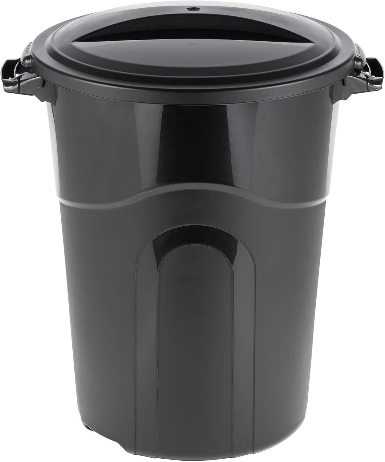 32 Gallon Black Plastic Outdoor Trash Can with Lid