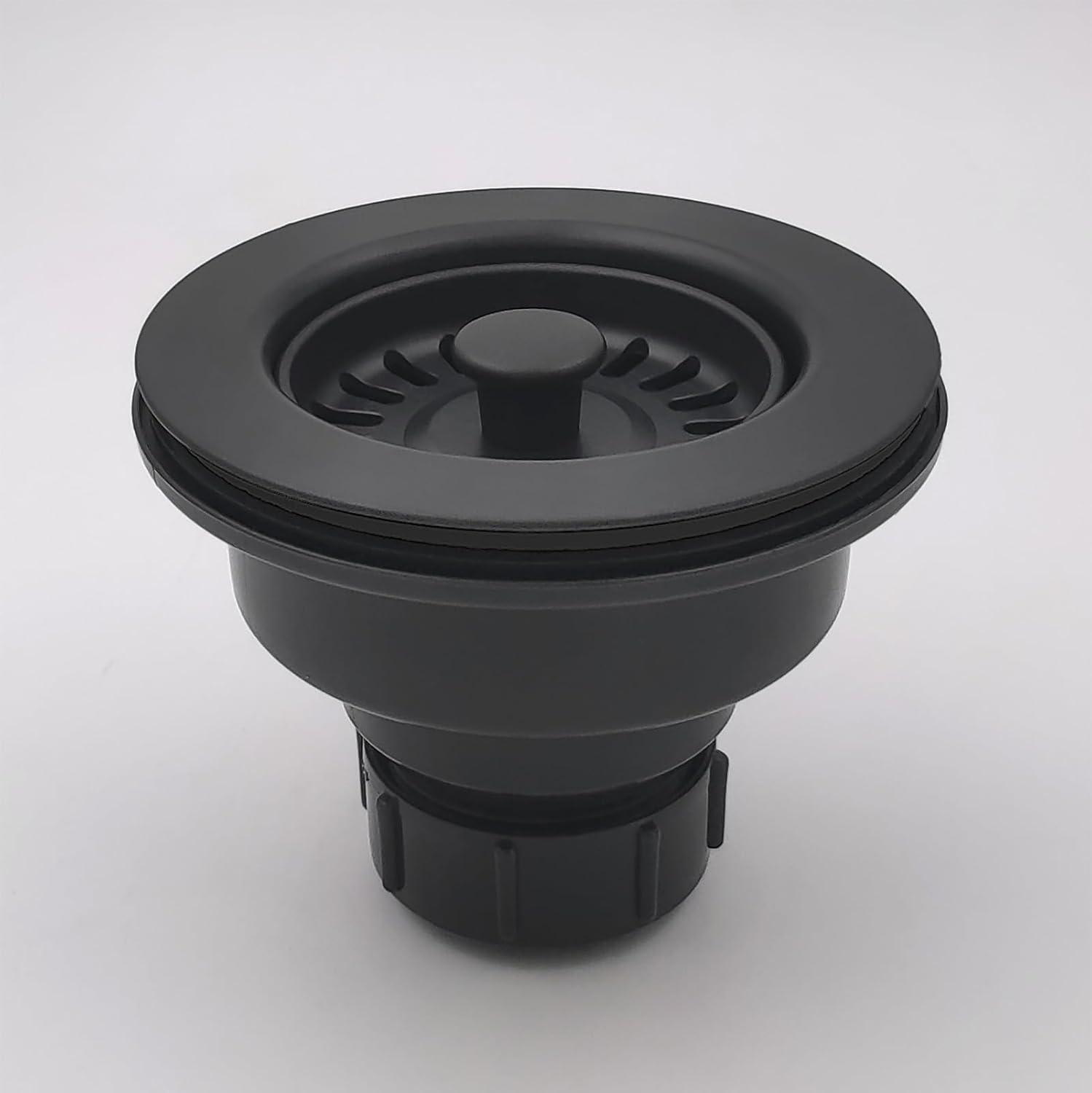 3-1/2 Inch Polymer Black Sink Drain Assembly with Basket Strainer and Stopper for Granite or Fireclay Kitchen Sinks