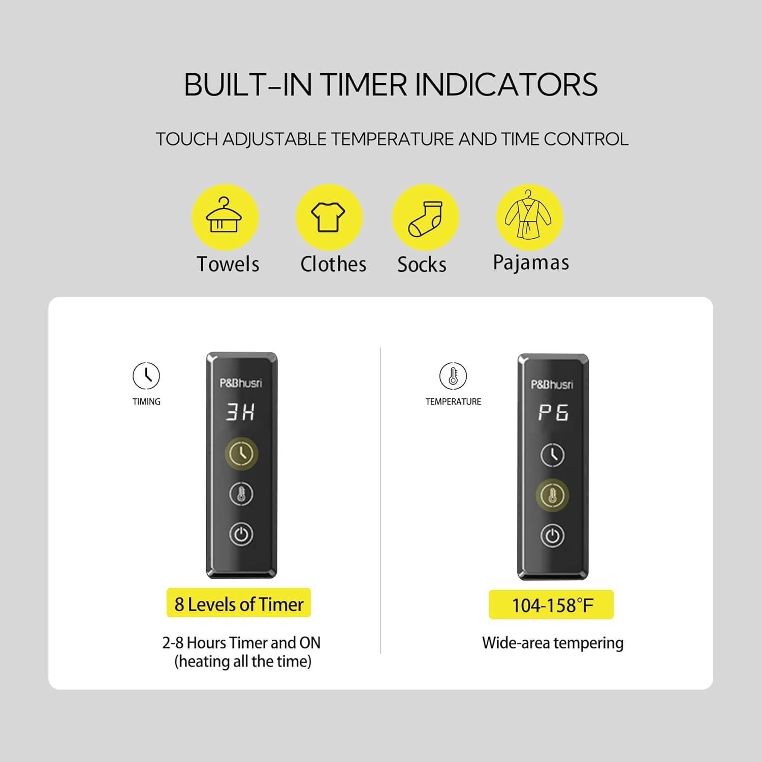 P&Bhusri Towel Warmer, 10-Bar Heated Towel Rack for Bathroom, Electric Towel Warmer with Timer & Temperature Multi-Level Adjustments, Brushed, Plug-in/Hard-Wired