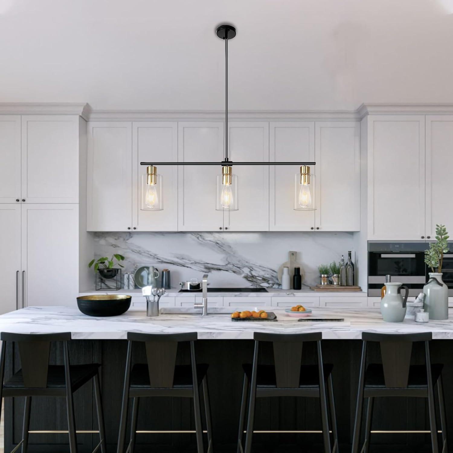 Black and Gold Linear Metal Chandelier with Clear Glass Shades