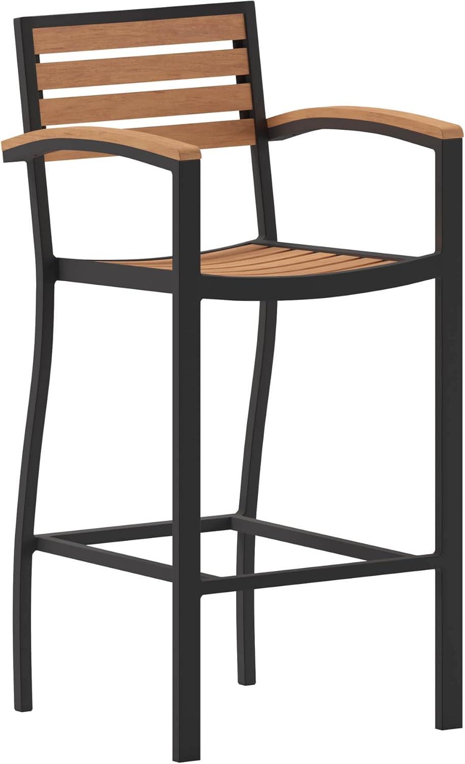 Teak Faux Wood Poly Resin Slatted Bar Height Stool with Aluminum Frame