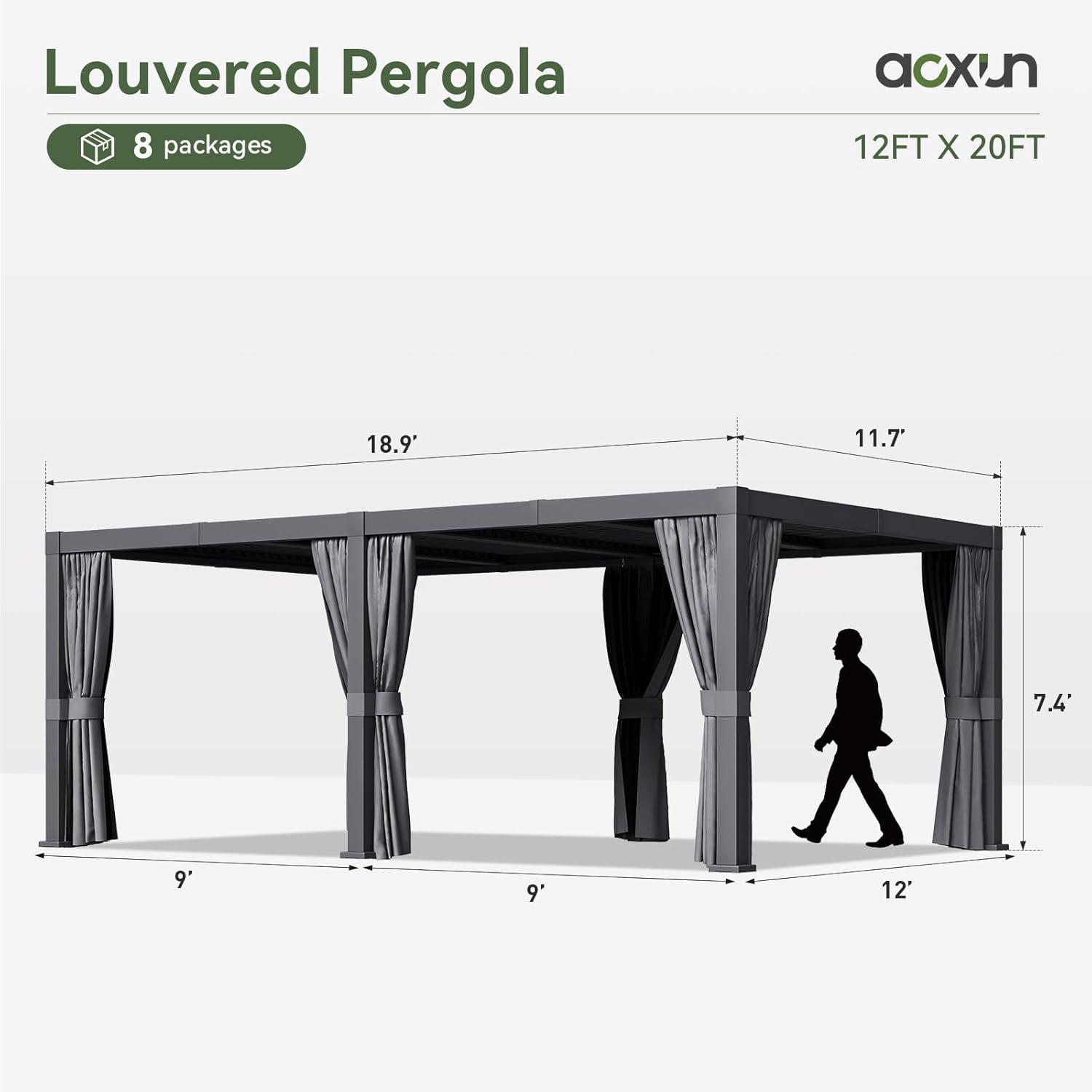 Aoxun 20' x 12' Louvered Pergola, Outdoor Aluminum Pergola with Adjustable Top for Decks, Gardens and Backyards, Gray