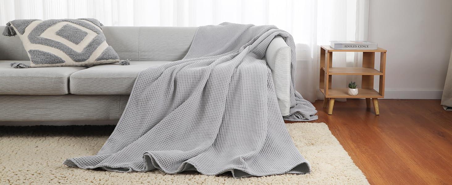 Shunjie.Home 100% Cotton Waffle Bed Blanket Queen Size, Throw Blanket for Couch All Seasons (Silver Grey, 90x90)