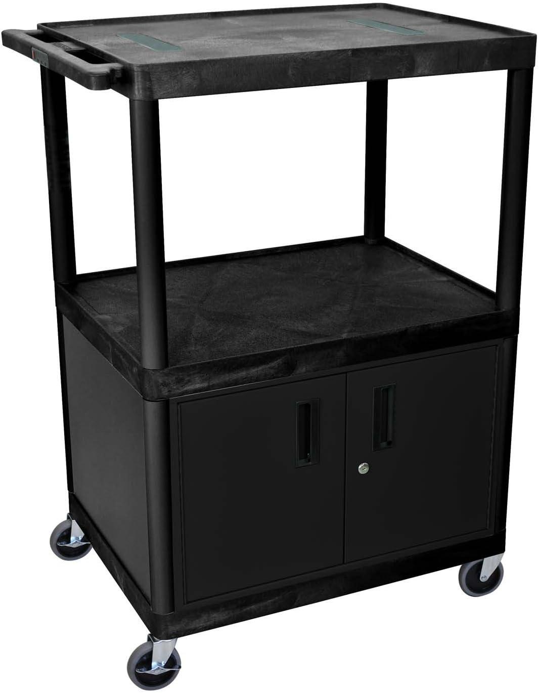 Black Plastic AV Cart with Locking Cabinet and Shelves