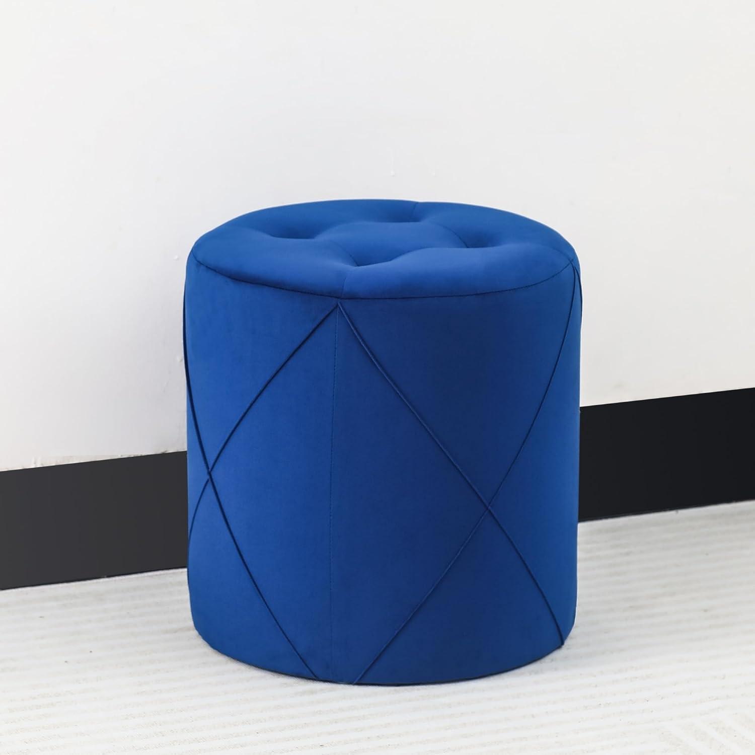 Adeco  Velvet Round Tufted Ottoman Foot Rest Vanity Stool Dark-Royal -Blue