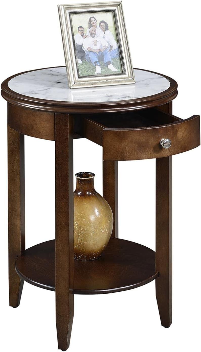 Convenience Concepts American Heritage Baldwin 1 Drawer End Table with Shelf, White Faux Marble Top, Espresso Frame