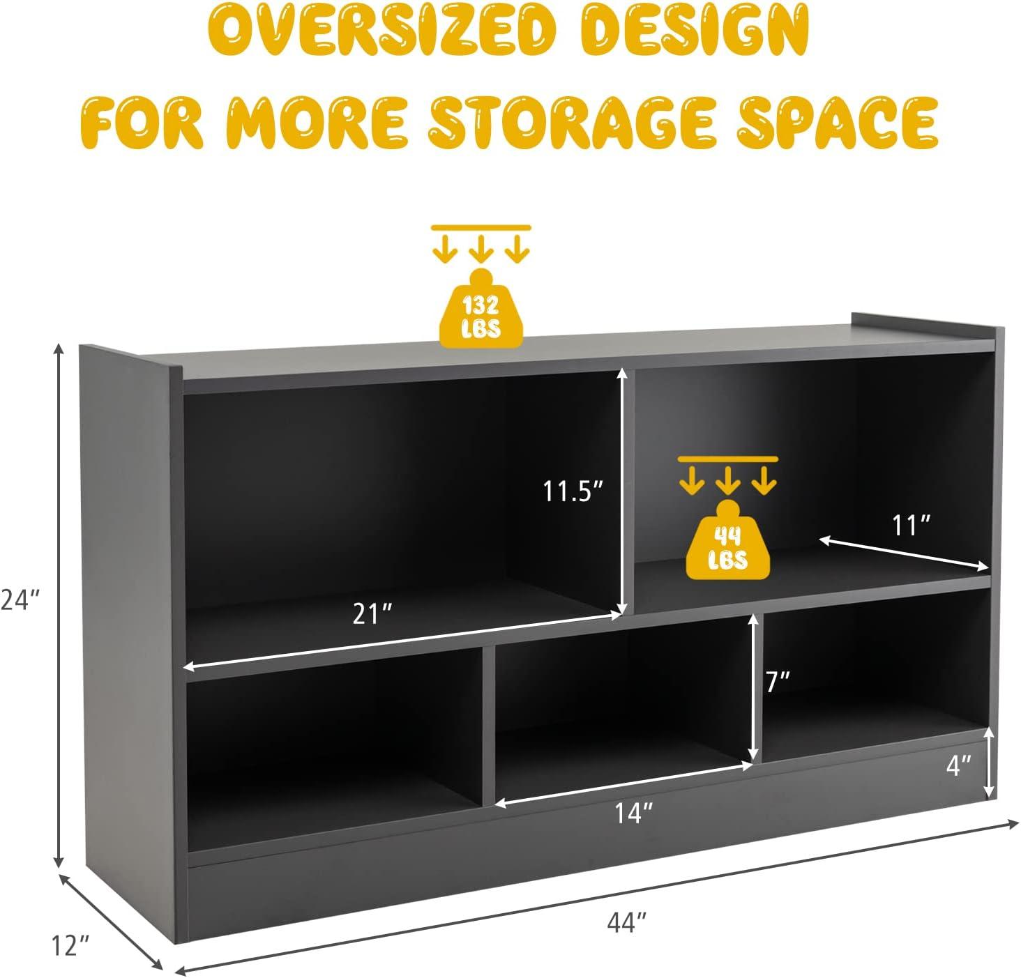 Costway Kids 2-Shelf Bookcase 5-Cube Wood Toy Storage Cabinet Organizer Grey