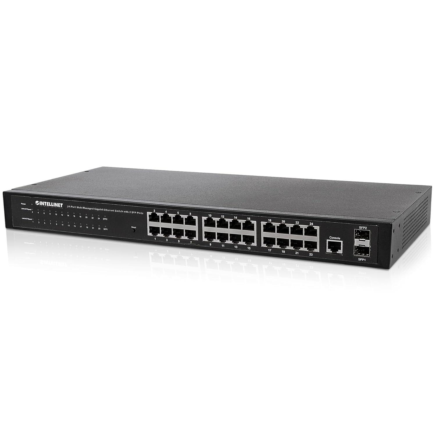 Intellinet 24-Port Web-Managed Gigabit Ethernet Switch with 2 SFP Ports | Fanless | VLAN, SNMP, 802.1X | NDAA