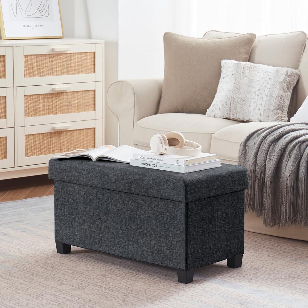 Ornavo Home Foldable Tufted 30 Inch Linen Bench Storage Ottoman with Legs - Black