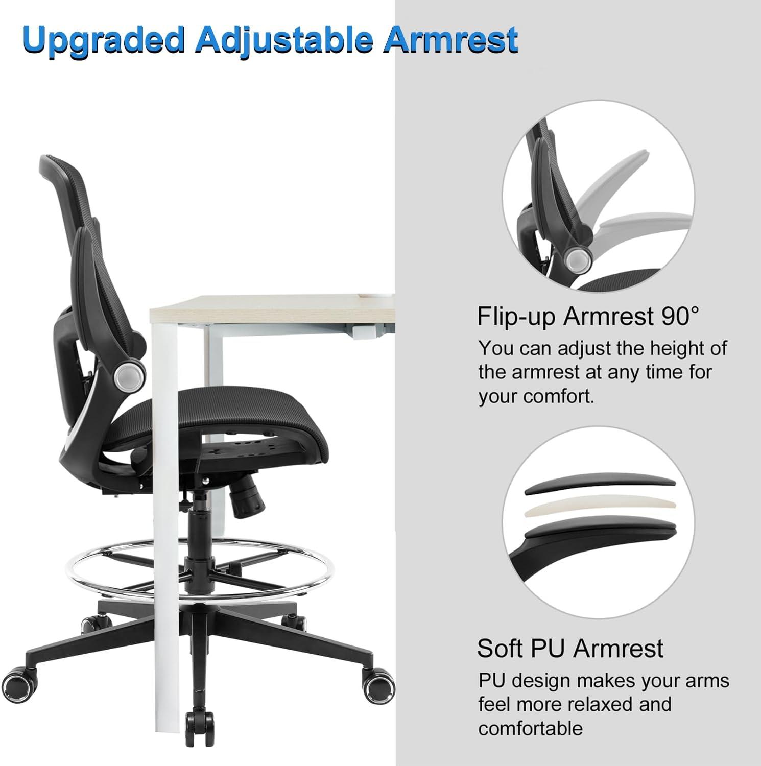Office Drafting Chair,Ergonomic Tall Office Desk Chair,Adjustable Standing Desk Stool Chair,Executive Computer Chair with Footrest Ring and Lumbar Support (Black)