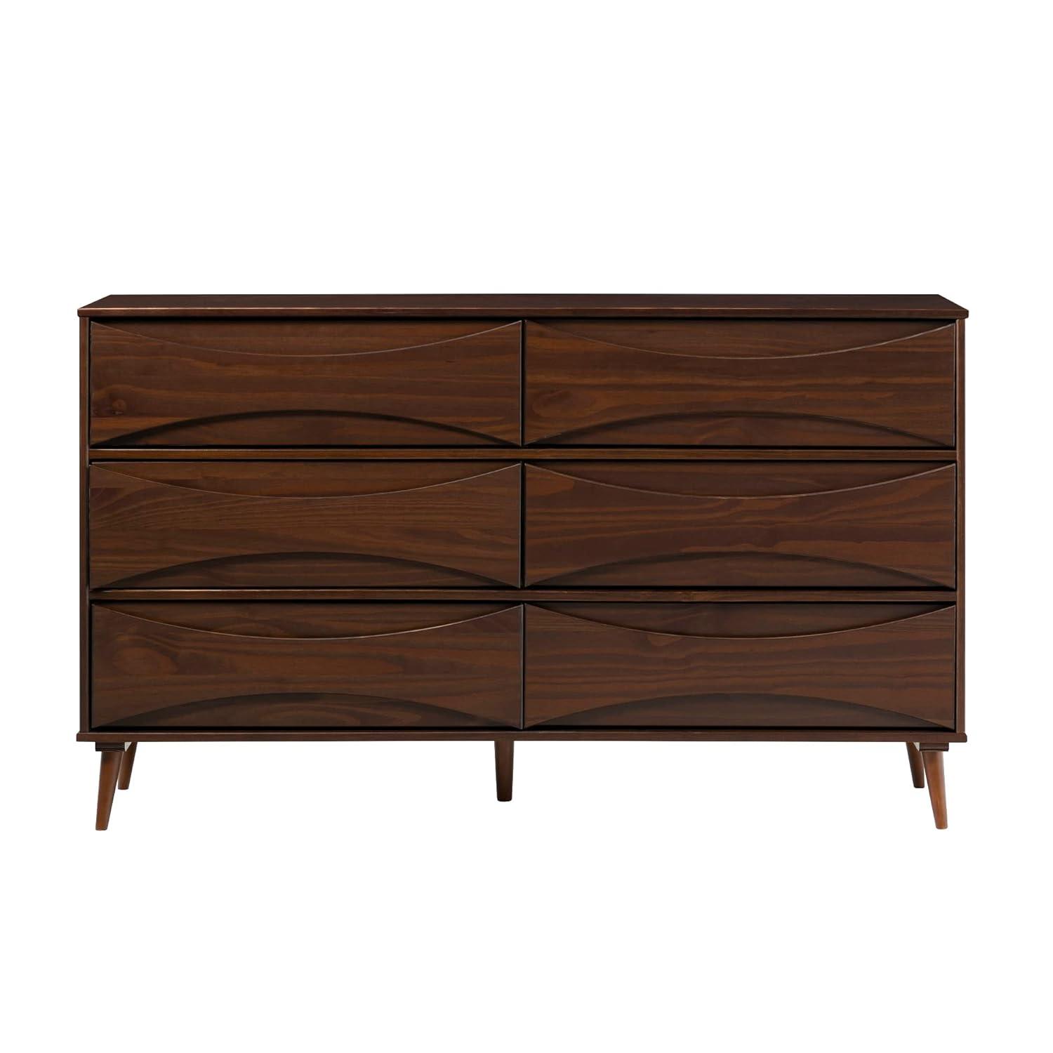 Walker Edison 58” Mid-Century Modern Curved Front 6-Drawer Dresser, Walnut