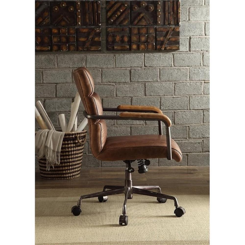 Leather Executive Swivel Office Chair with Lumbar and Back Support and Wheels, Industrial Modern Upholstered Home Desk Chair in Retro Brown Top Grain Leather for Living Room Office