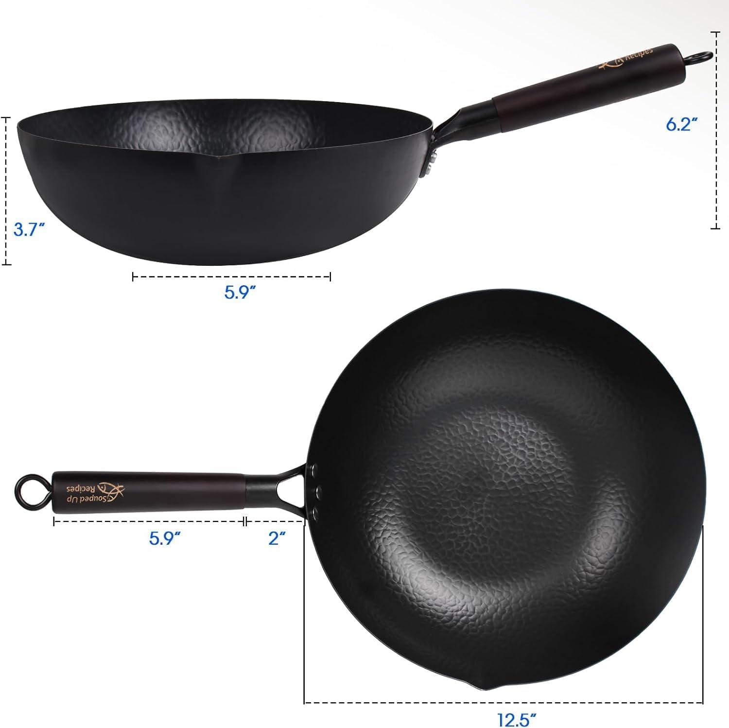 12.5-Inch Black Carbon Steel Wok with Wooden Lid and Spatula