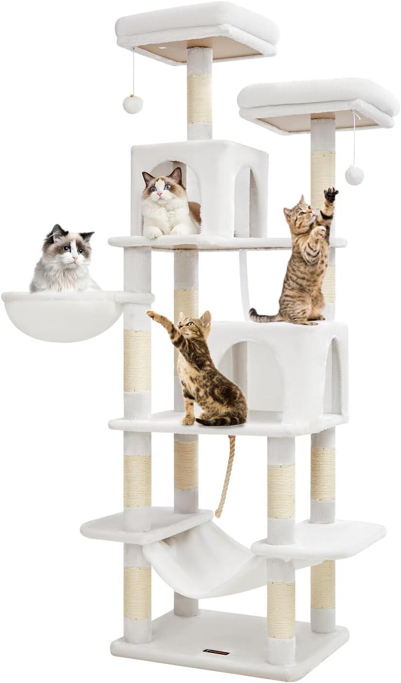 Tucker Murphy Pet™ Cat Tree, 71.7-Inch Cat Tower For Indoor Cats, Plush Multi-Level Cat Condo With 13 Scratching Posts, 2 Perches, 2 Caves, Hammock, 2 Pompoms, Cream White MS013LC