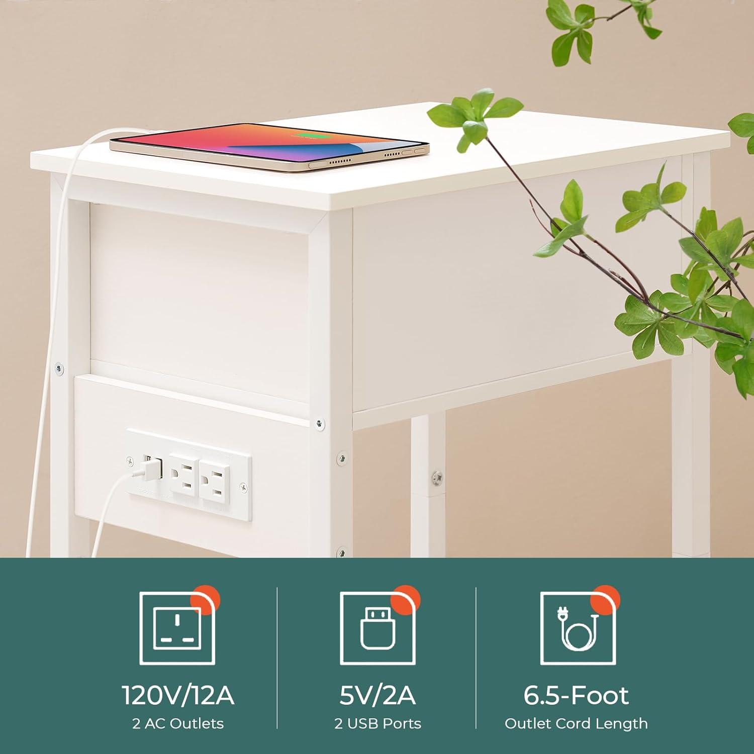 Yoobure Nightstand with Charging Station, Bedside Tables with Large Drawer and Storage Shelf, Bed Side Table/Night Stand with USB Ports & Outlets, Industrial Side Table End Table for Bedroom, White