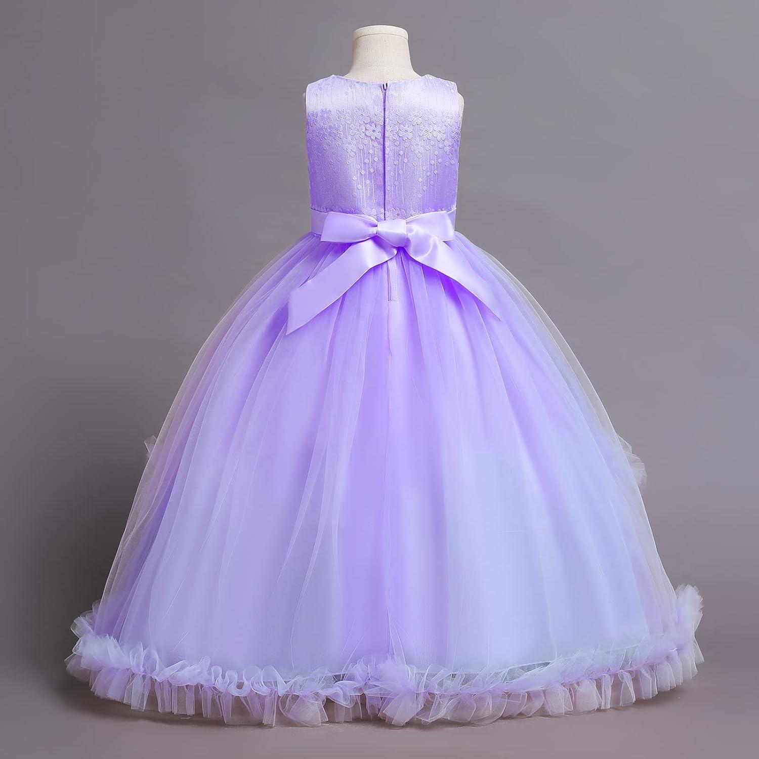 IBTOM CASTLE Vestidos de Desfile Bordados de Encaje Bohemio Floral de Princesa para Fiesta de Niños Boda Vestido Largo de Comunión Hinchado 11-12 Años Púrpura