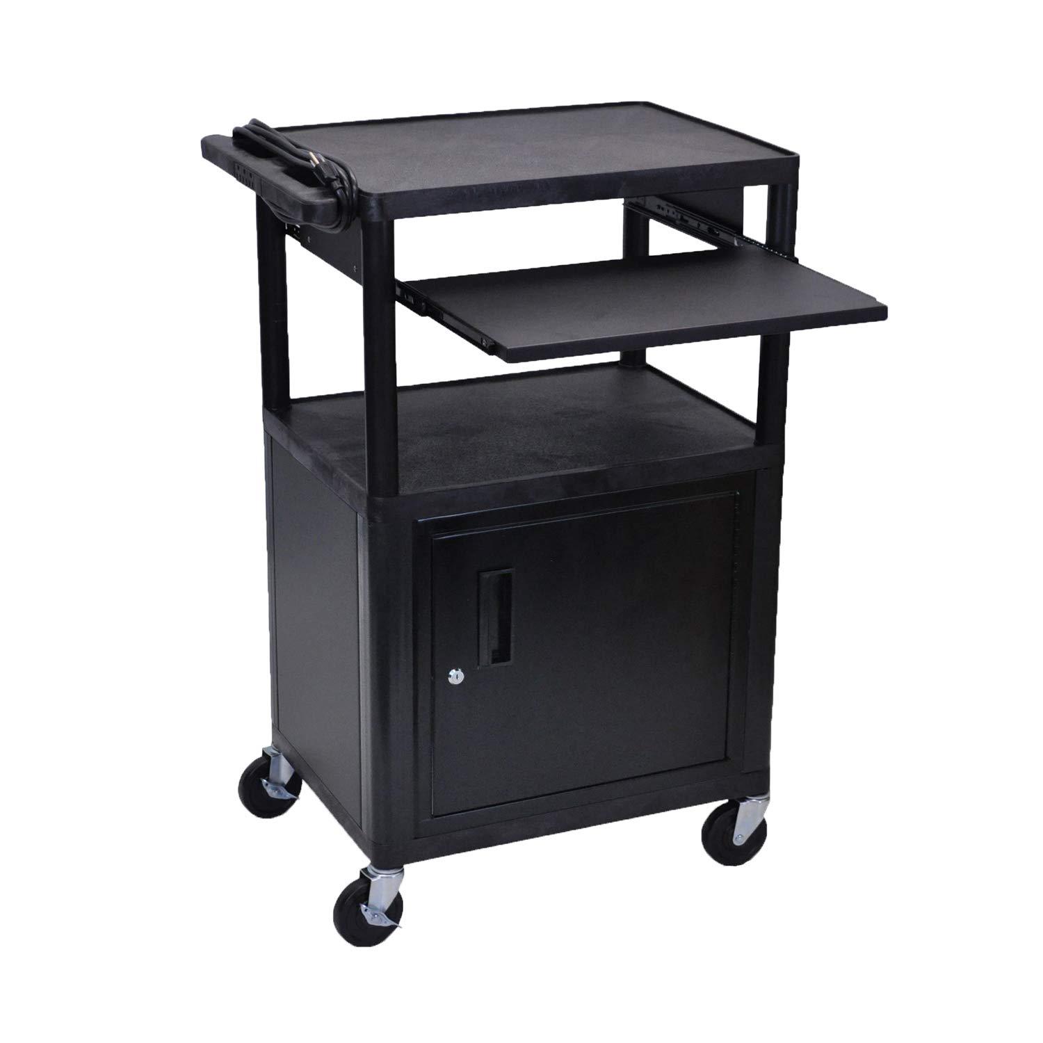 Black 42" AV Cart with Locking Cabinet and Pullout Shelf