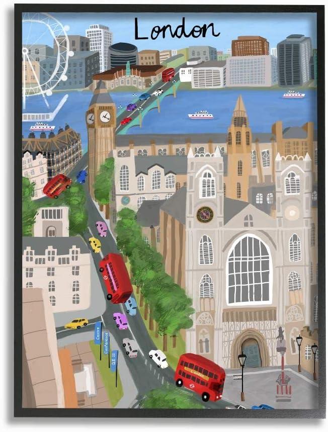 Stupell Industries European London Landmarks British City Skyline Architecture Framed Wall Art Design by Carla Daly, 11" x 14", Black Framed