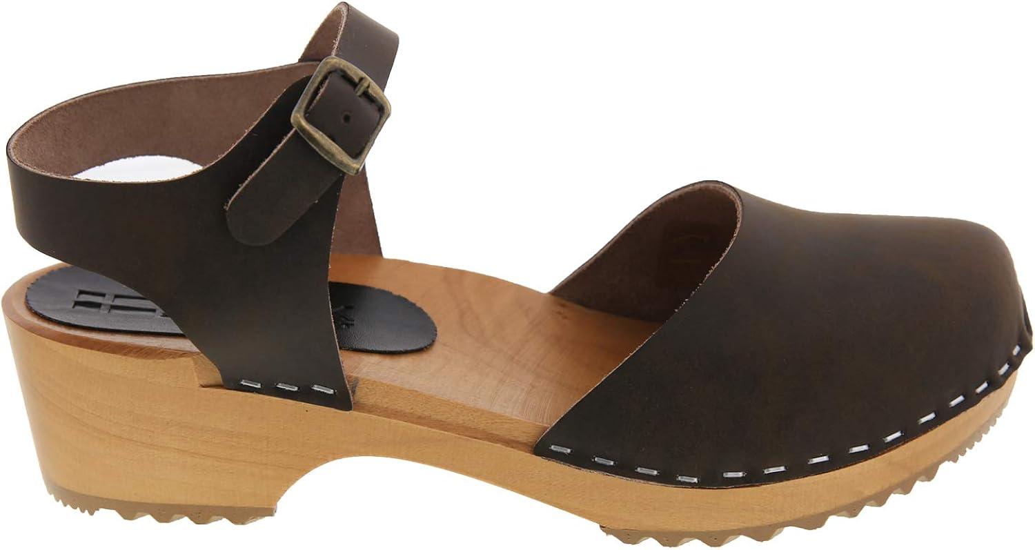 Bjork Alma Brown Leather Low Heel Ankle Strap Clogs