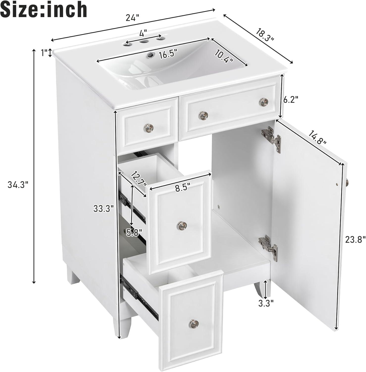 Harper & Bright Designs 24" Bathroom Vanity with Sink, Free Standing Single Basin Vanity Set with Two Drawers and One Door, Modern Wooden Bathroom Cabinet with Ceramic Basin for Bathroom, White