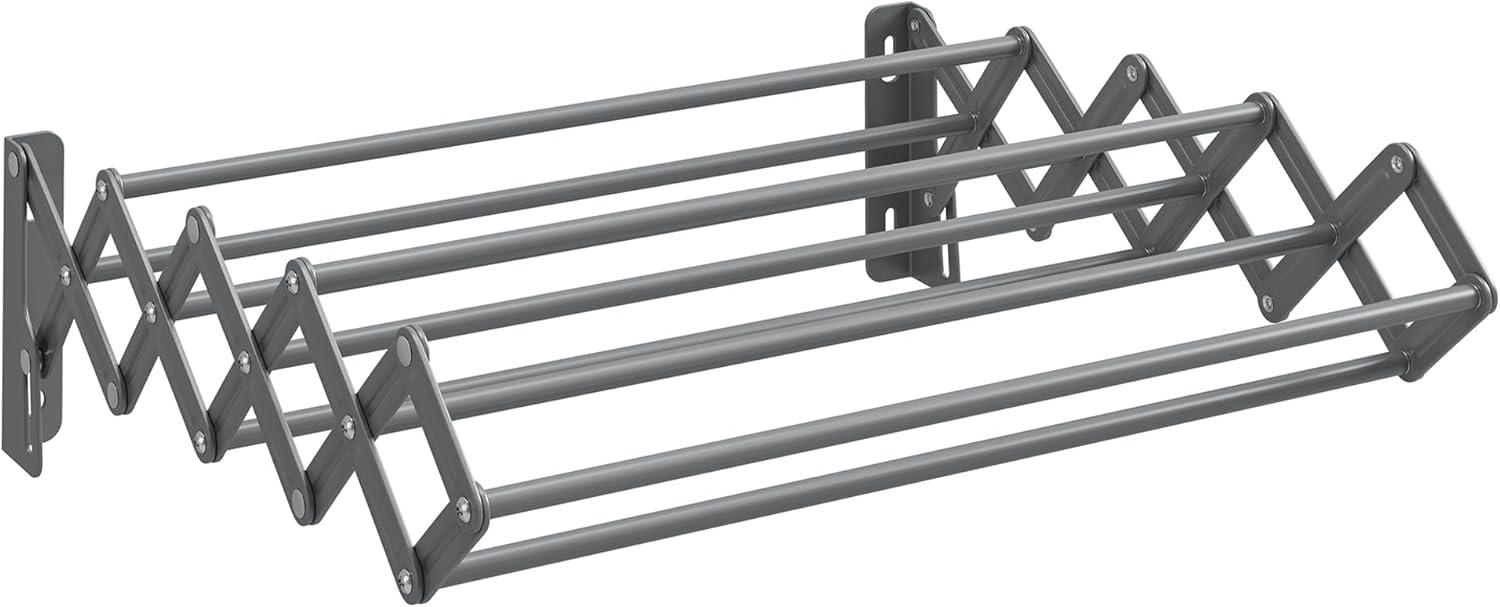 SONGMICS Clothes Drying Rack, Wall-Mounted Drying Rack Clothing, Small Accordion Laundry Rack, 9 Staggered Hanging Rods, Expandable and Retractable, Cloud White ULLR802W01