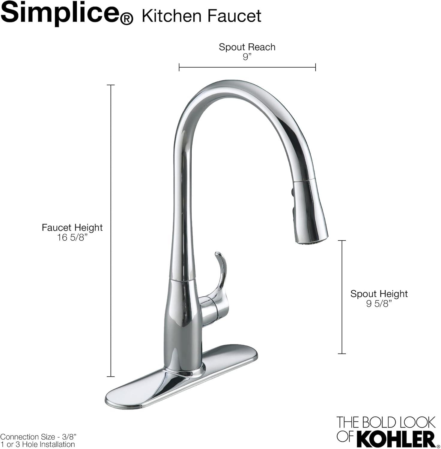 Kohler Simplice Single Handle Pull Down Kitchen Sink Faucet with Three-Function Pull Down Sprayer