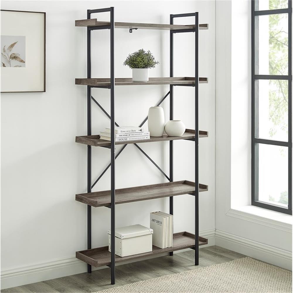 Urban Gray Wash 68" Industrial Metal 5-Shelf Bookcase