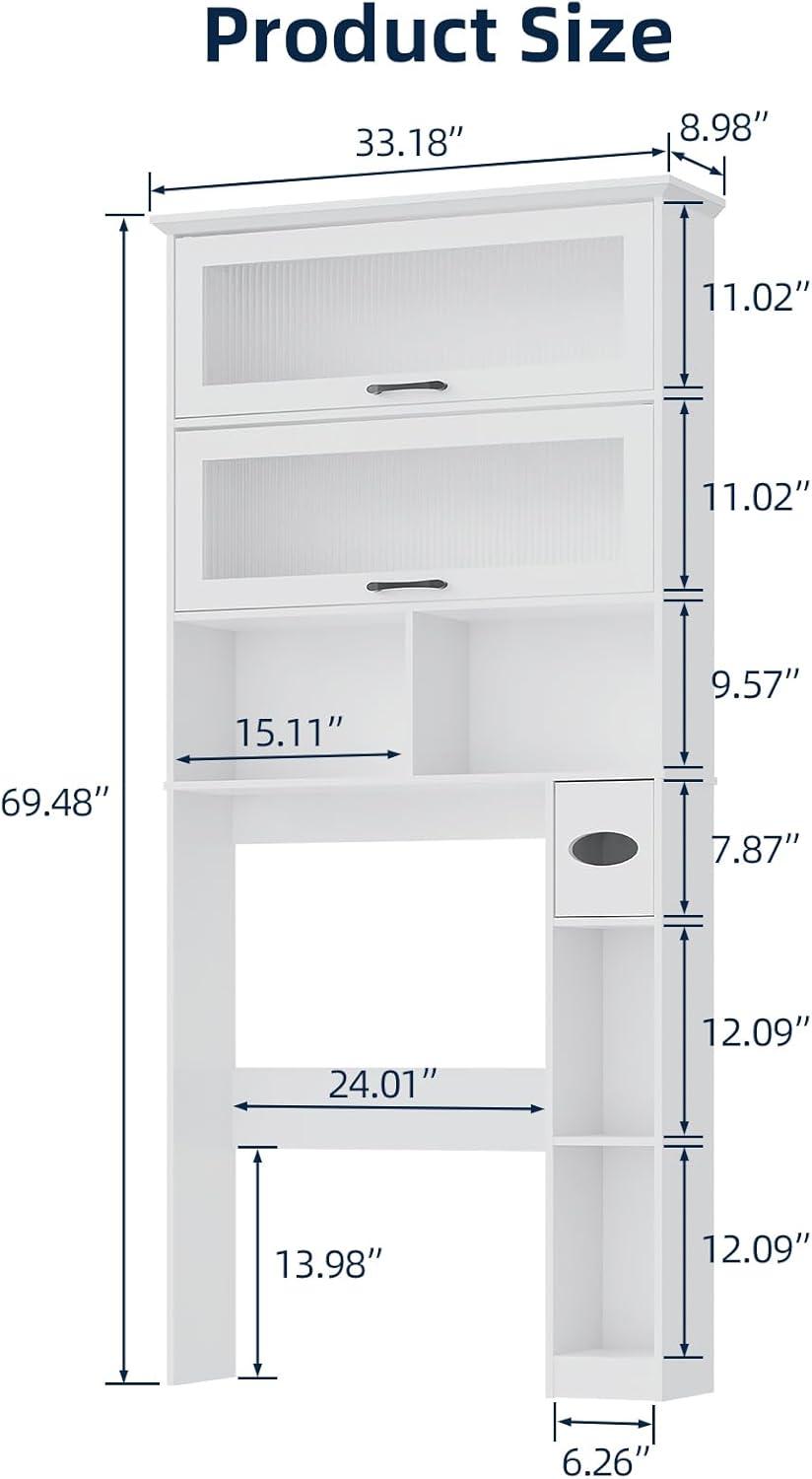 Over The Toilet Storage Cabinet with Transparent Door, Toilet Paper Storage Cabinet with Multi Layer Shelves Suitable for Bathroom, Laundry Room, Freestanding Bathroom Storage Rack,White