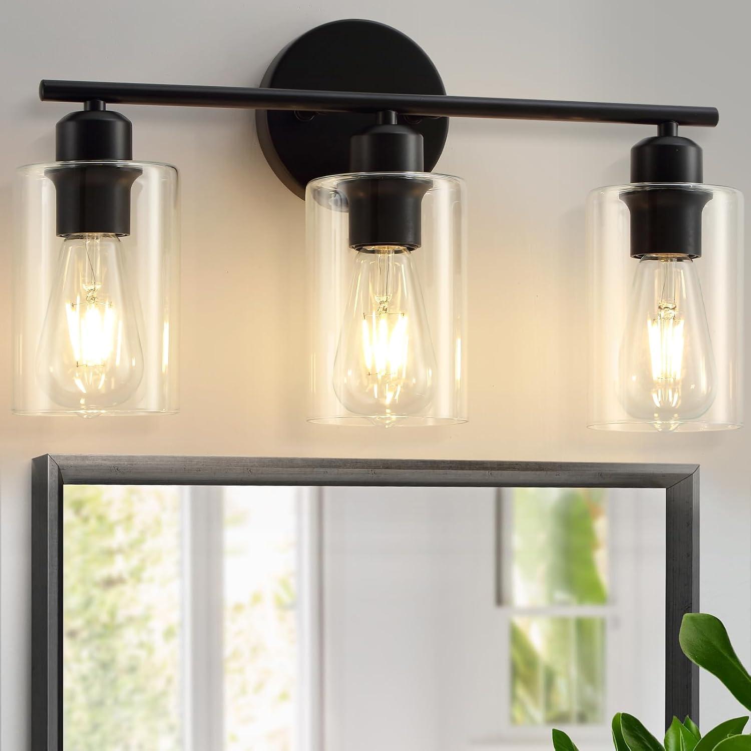 3-Light Bathroom Light Fixtures Bathroom Vanity Lights with Clear Glass Shades Matte Black Bathroom Light Fixtures over mirror for Mirror Living Room Cabinet Bedroom Porch