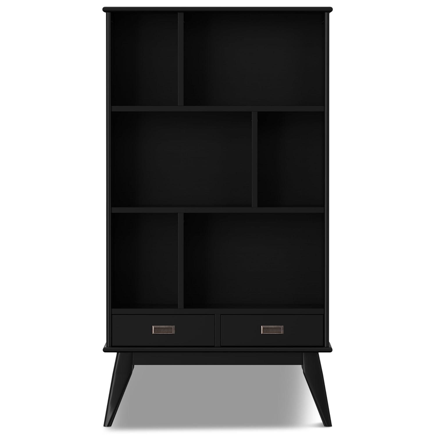 Simpli Home Draper SOLID HARDWOOD 64 inch x 35 inch Mid Century Modern Wide Bookcase and Storage Unit in Black