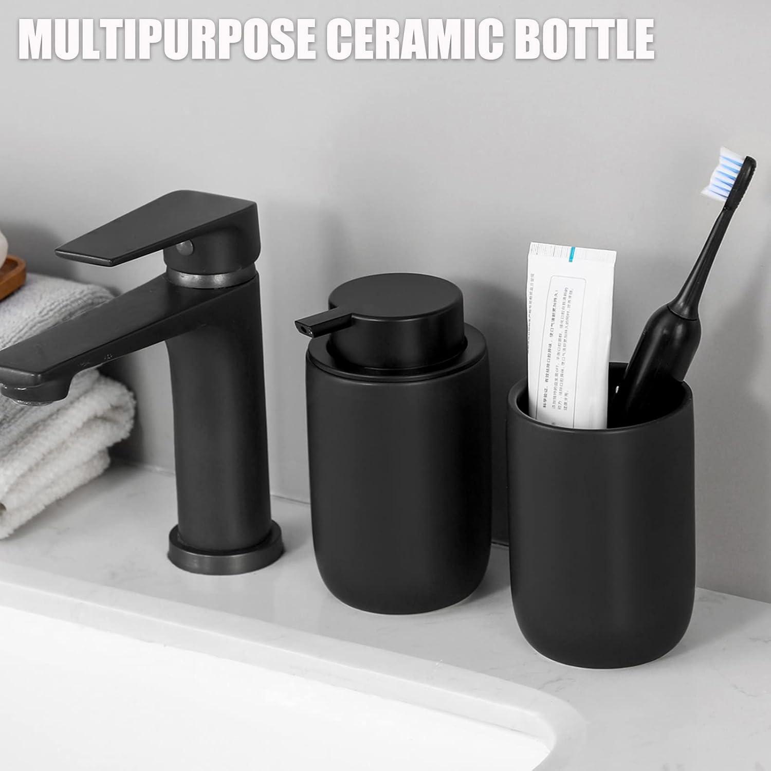 Black Soap Dispenser - Modern Ceramic Hand Dish Soap Dispenser for Bathroom Refillable Liquid Hand Soap Dispenser with Soap Pump for Essential Oil, Lotion Soap for Farmhouse Decor Dish