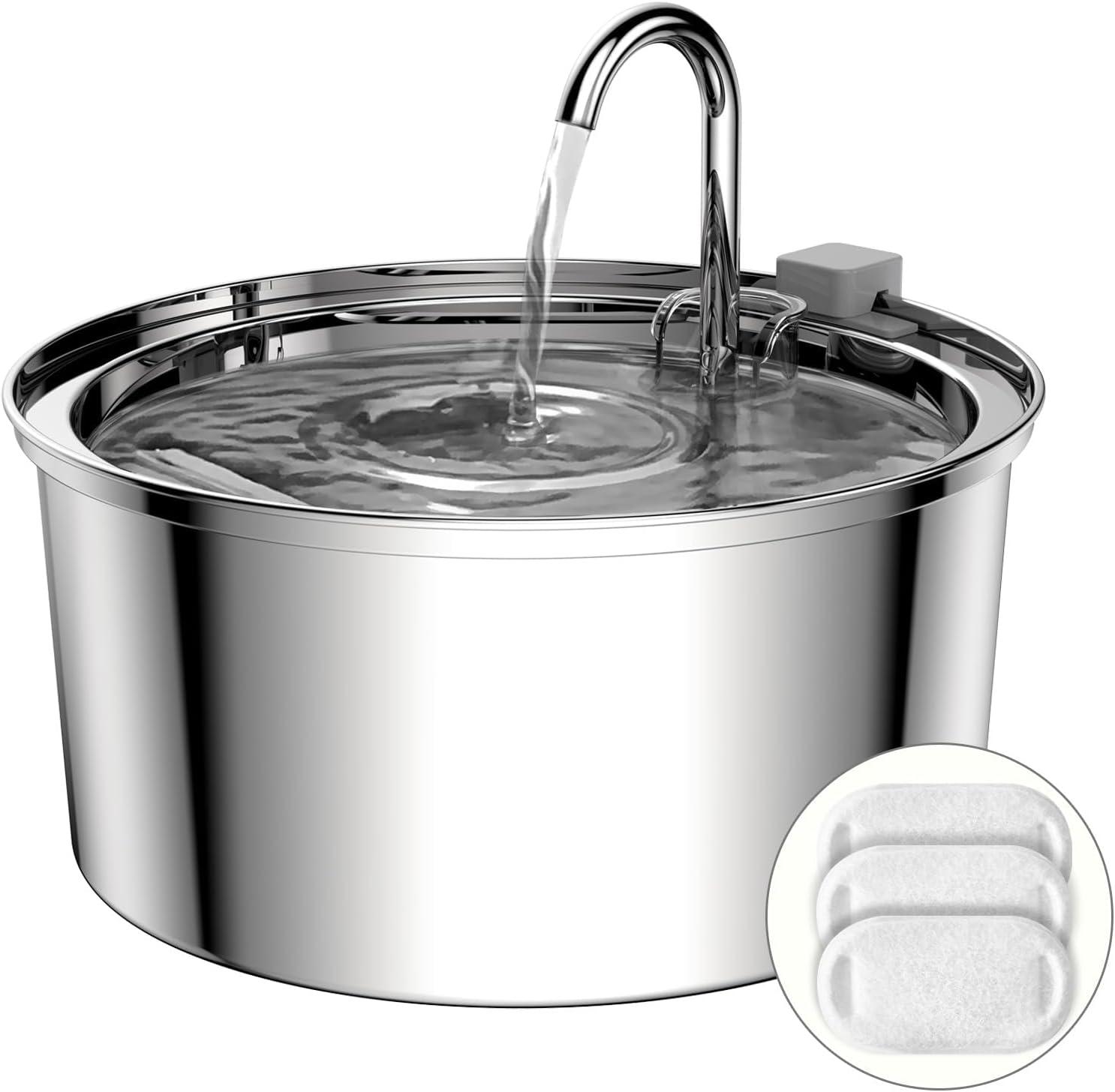 Oiwliur Cat Water Fountain, 3.2L/108oz Stainless Steel Automatic Water Dispenser, Pet Water Fountain with Ultra-Quite Pump and 3 Replacement Filters for Cats, Dogs, and Multiple Pets (Silver) C9