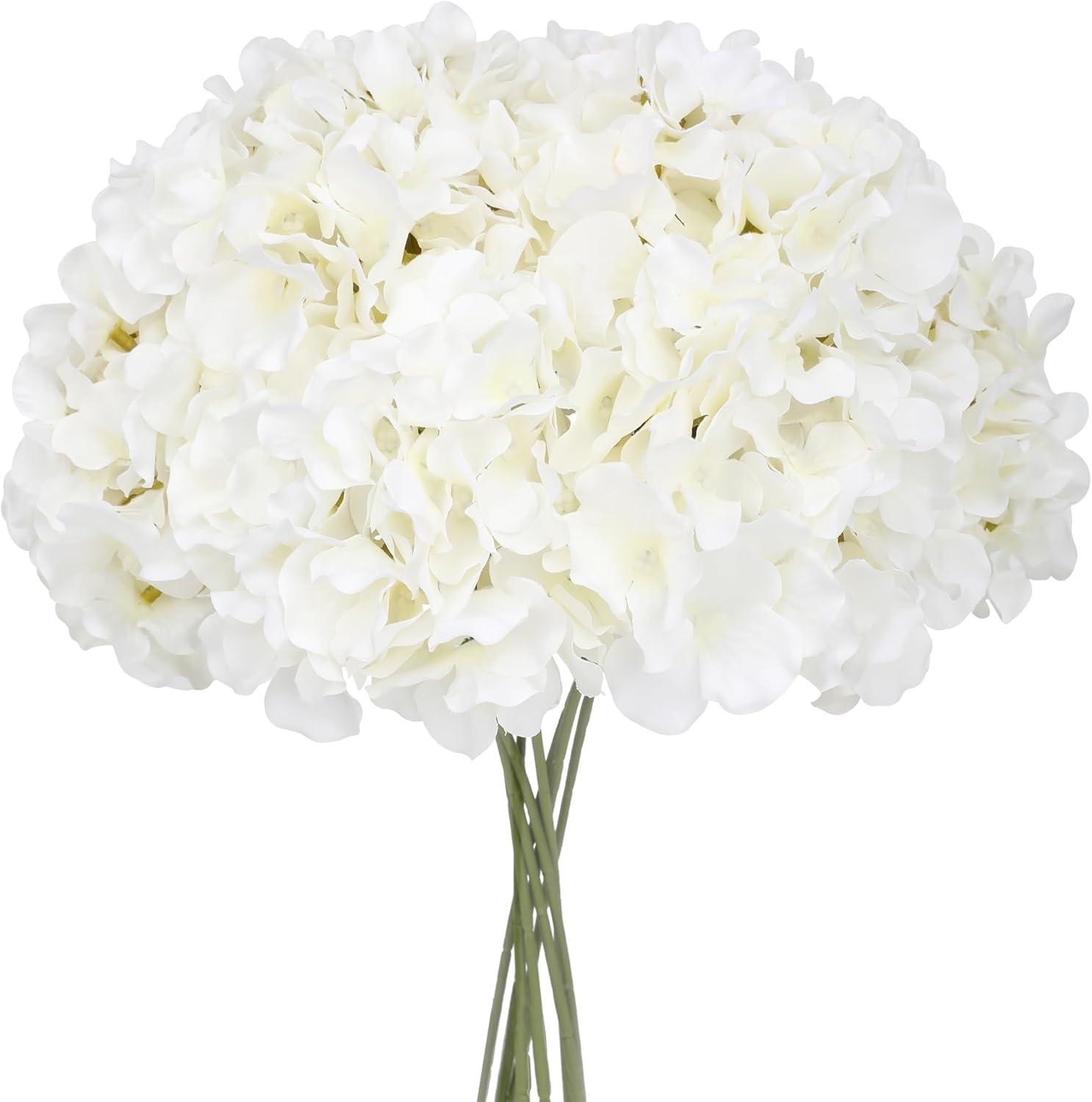 White Silk Hydrangea Artificial Flowers with Stems, Pack of 10