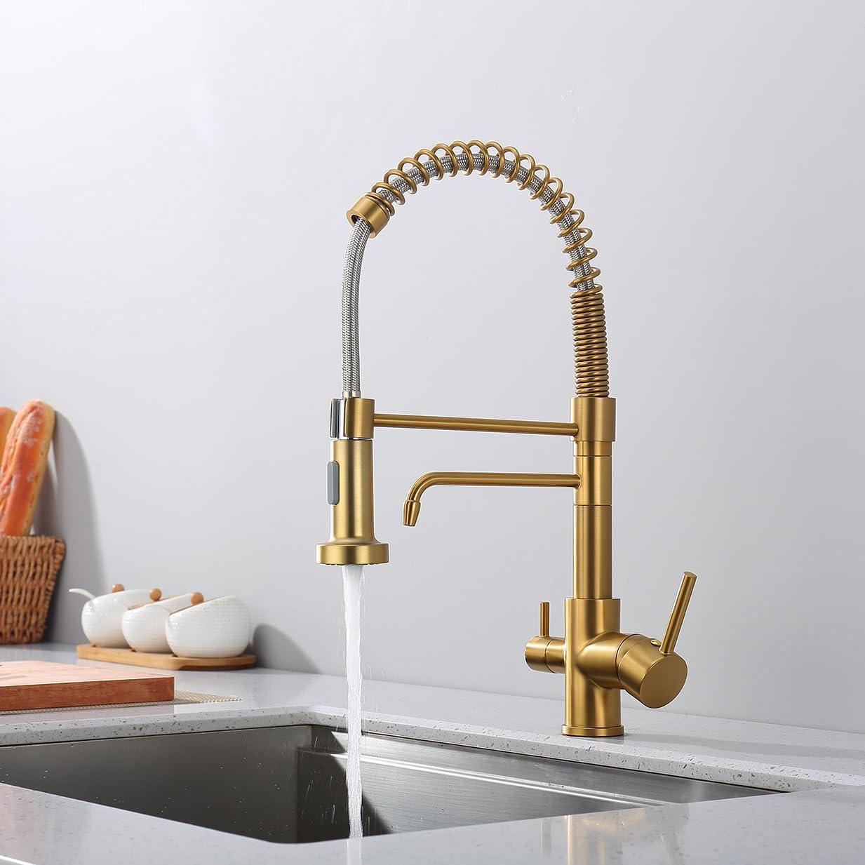 Brushed Gold Commercial Pull-Down Kitchen Faucet with Spray