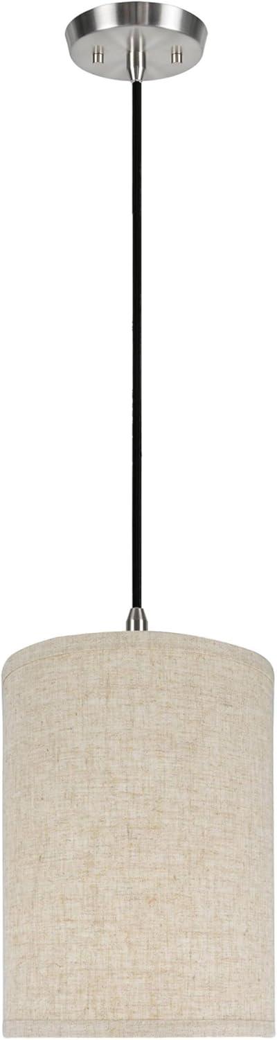 Satin Nickel 8" Drum Pendant Light with Beige Linen Shade