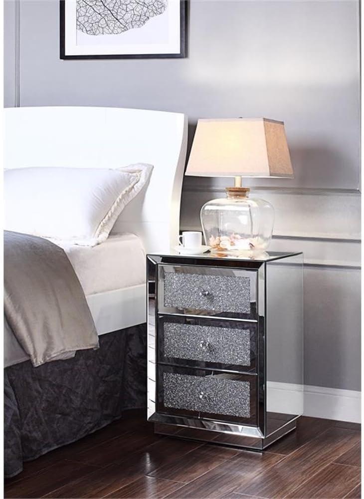 Three Drawers Wooden Nightstand with Mirrored Paneling and Faux Crystal Inlay, Clear- Saltoro Sherpi