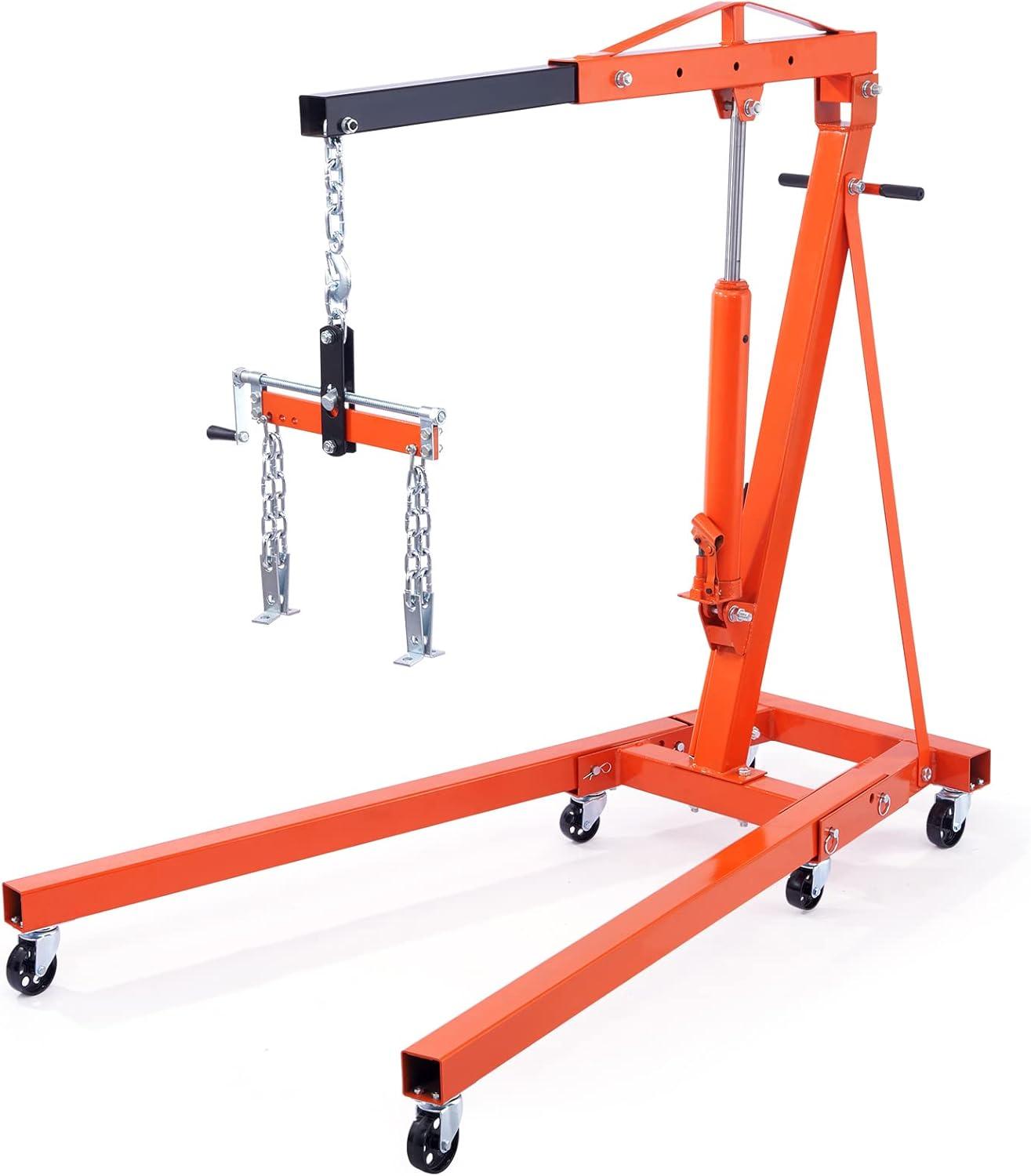 BENTISM 2T Folding Engine Crane Movable Engine Hoist with Load Leveler 4400 lbs/2 ton Heavy-Duty Cherry Picker Shop Crane Adjustable Boom Engine Crane