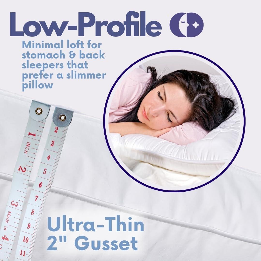 Continental Bedding 3-Chamber Down Pillow - Thin Profile with Partial Pressure Design, 2” Gusset & Sateen Piping, 100% Cotton – Standard, Queen, King