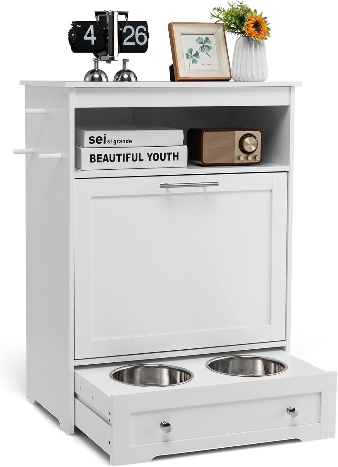 Kepooman Pet Feeder Station with Stainless Steel Bowl-White