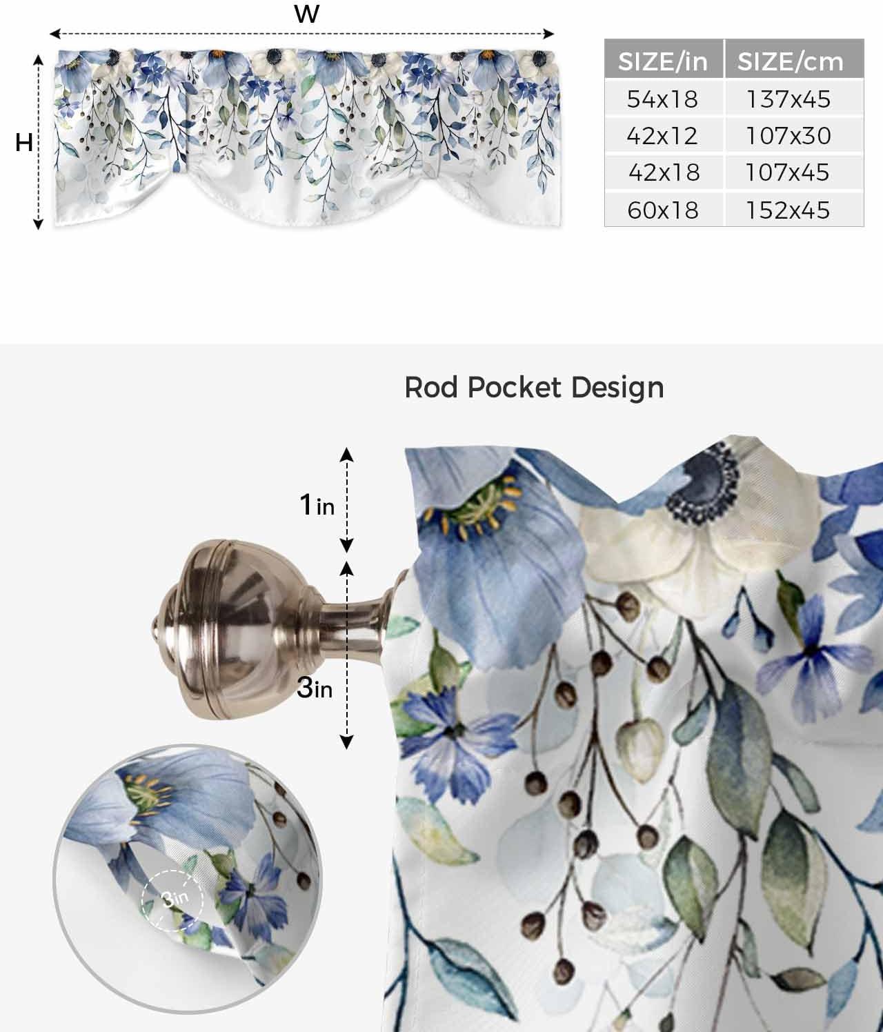 Blue Spring Floral Tie Up Valance Curtains for Windows, Summer Botanical Kitchen Curtains Window Treatments, Weeping Flower Short Window Shades Valances for Bedroom Bathroom Cafe 54"x18"