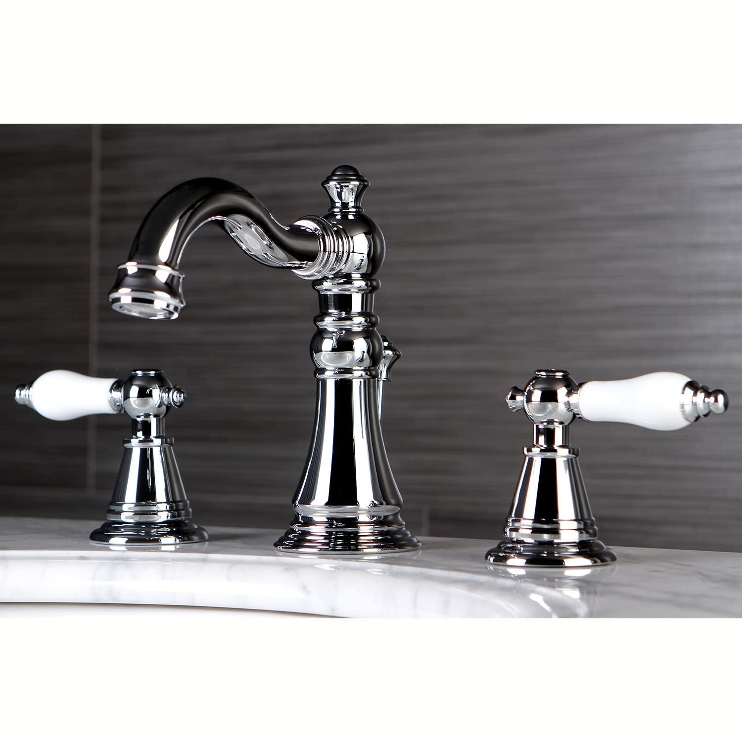 Kingston Brass English Classic Two-Handle 3-Hole Deck Mount Widespread Bathroom Faucet with Brass Pop-Up Drain