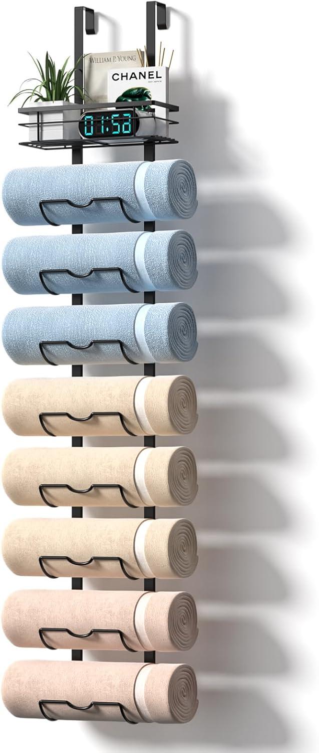 9-Tier Over The Door Towel Rack,Towel Racks for Bathroom, Metal Towel Holder with Storage Basket,Towel Storage for Small Bathroom,Towel Rack for Rolled Towels,Black